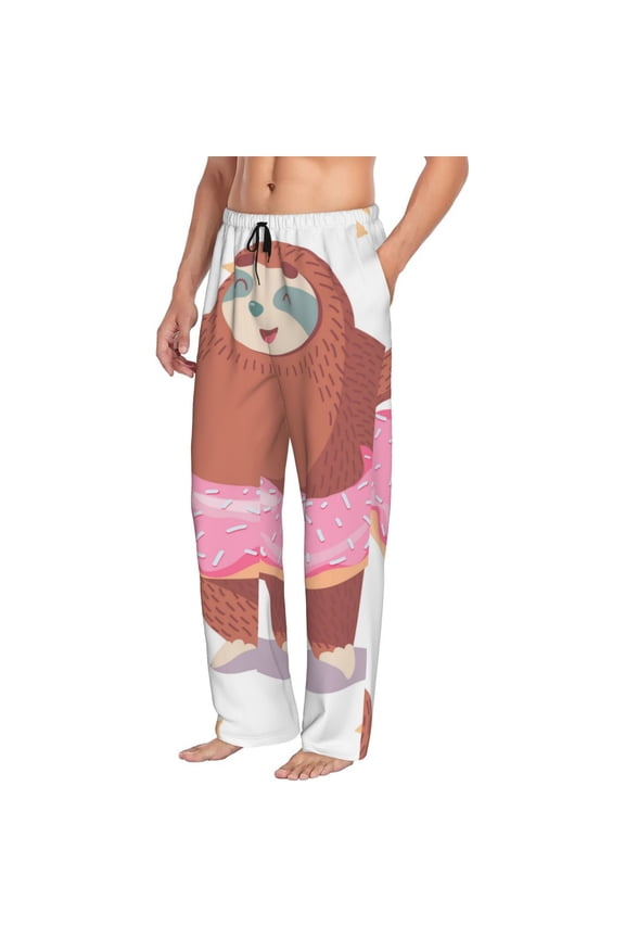Sloth with Donuts1 Mens Soft Woven Cotton Elastic Waistband Sleep Pajama Pant Lounge Sleep Pant With Pockets And Drawstring-Medium
