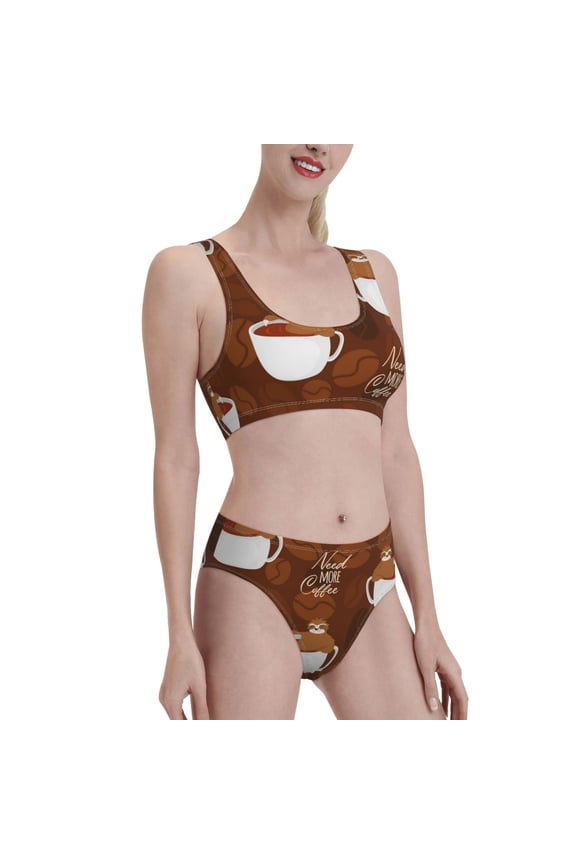 Sloths Need More Coffee Women's High Waisted Bikini Scoop Neck Swimsuit Two Pieces Bathing Suit-Large