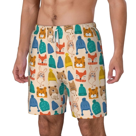 Picia Small Animals with Knit Hat Pattern pattern Mens Swim Trunks with Compression Liner Stretch Beach Shorts Quick Dry with Zipper Pockets No-Chafing Board Shorts-Small