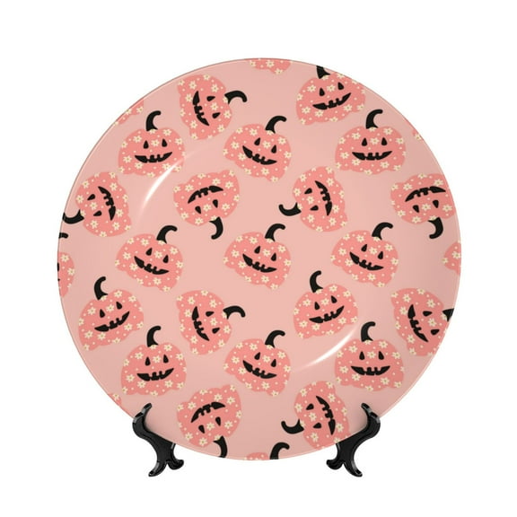 Picia Smiling Pink Pumpkins Pattern Bone China Decorative Plate – Wall Decor with Stand and Adhesive, Elegant Ornament for Living Room, Office, or Entryway-8in