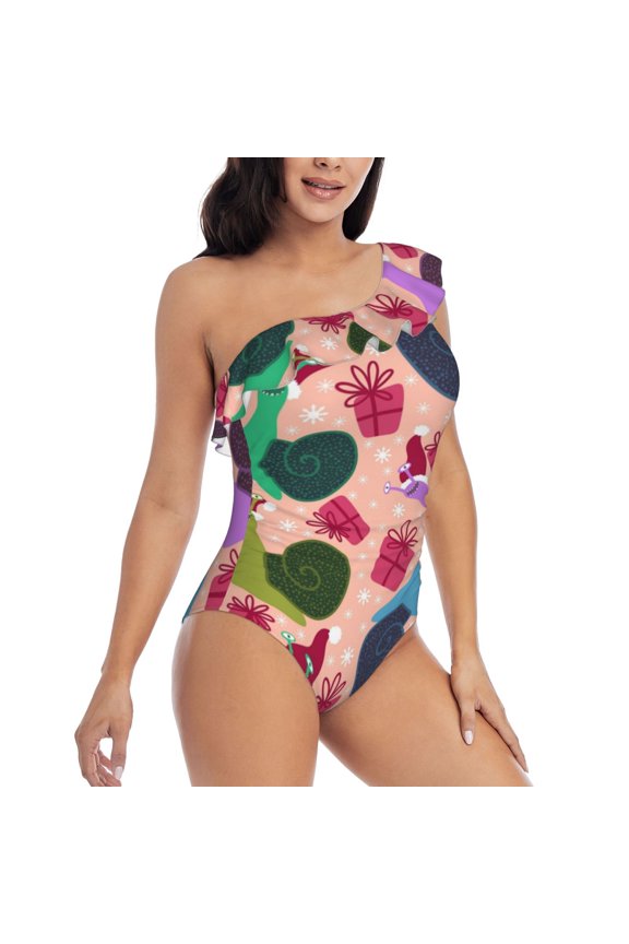 Snails Pattern Women's One Piece Swimsuits,One Shoulder Swimwear Asymmetric ,Ruffle Monokinis Bathing Suits,High Waisted Flattering Bathing Suits-X-Large