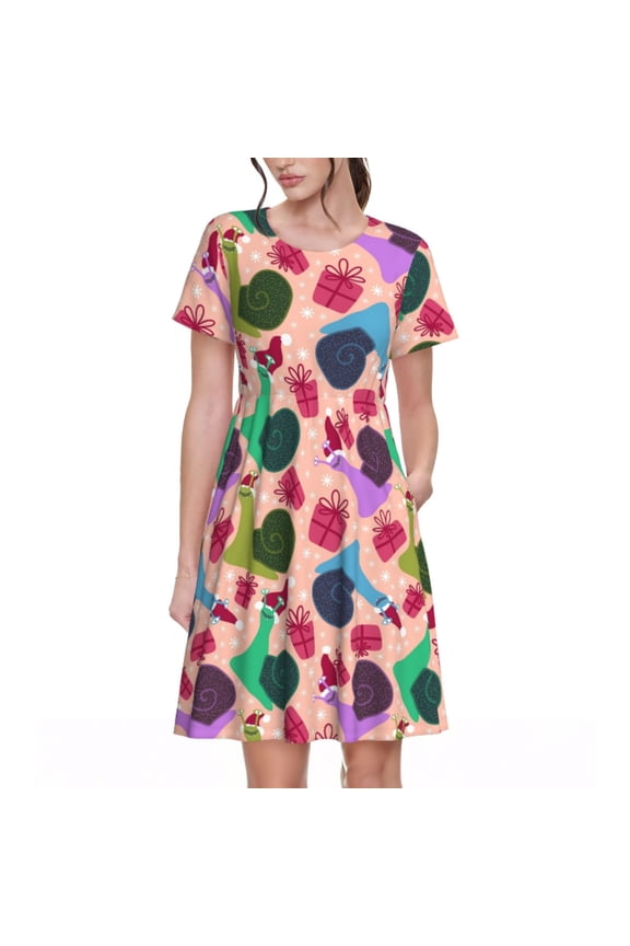 Snails Pattern Women's Short Sleeve Summer Dress Pleated Loose Swing Knee Length Short Sleeve Swing Dresses