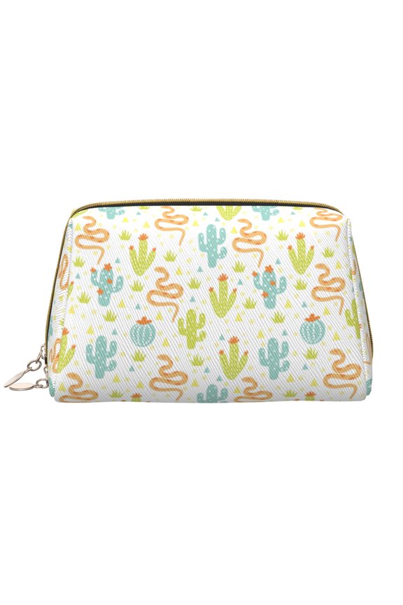 Snake And Cactus Print Leather Makeup Bag Make Up Bag Travel Toiletry Bag for Her Girlfriend Teacher Teen Girl Gifts