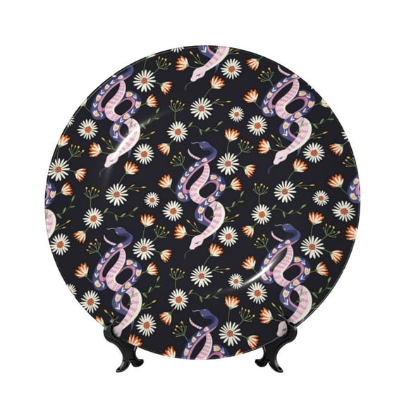 Picia Snake And Floral1 Pattern Bone China Decorative Plate – Wall Decor with Stand and Adhesive, Elegant Ornament for Living Room, Office, or Entryway-7in