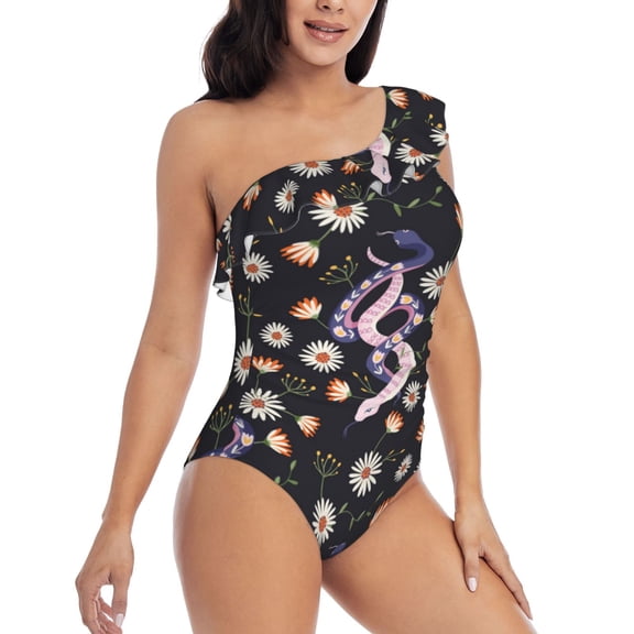 Picia Snake And Floral1 Pattern Women's One Piece Swimsuits,One Shoulder Swimwear Asymmetric ,Ruffle Monokinis Bathing Suits,High Waisted Flattering Bathing Suits-Small