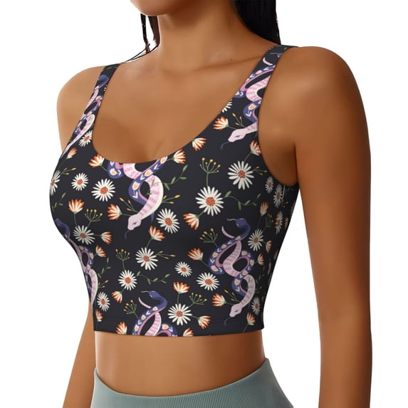 Picia Snake And Floral1 Sports Bra for Women,Padded Strappy Sports Bras Medium Support Yoga Bra with Removable Cups,Running Yoga Bra-X-Large