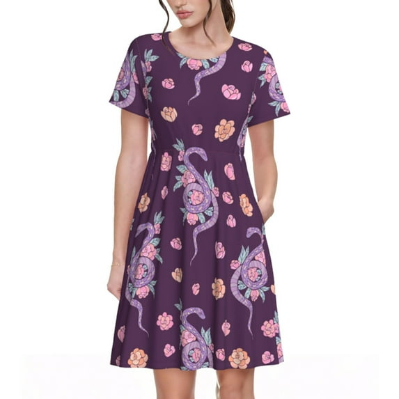 Picia Snake And Flower Pattern Women's Short Sleeve Summer Dress Pleated Loose Swing Knee Length Short Sleeve Swing Dresses