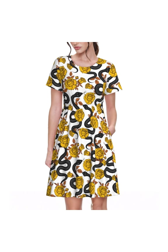 Snake And Rose Pattern Women's Short Sleeve Summer Dress Pleated Loose Swing Knee Length Short Sleeve Swing Dresses