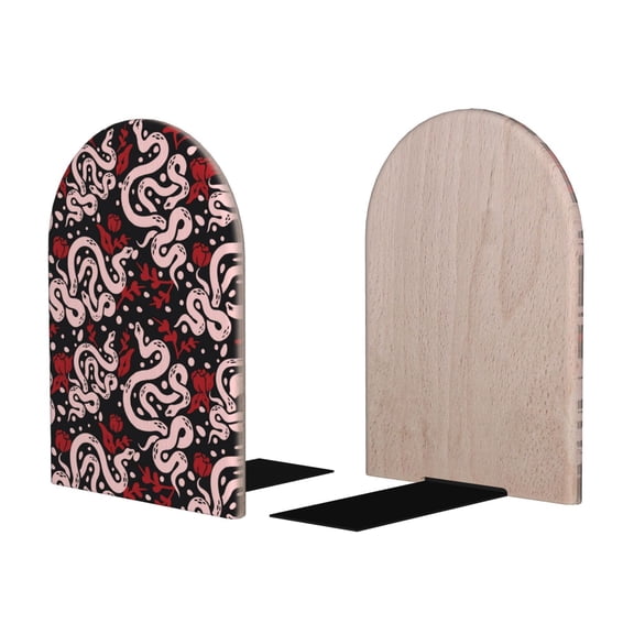 Picia Snake And Rose Pattern Wood Bookends for Shelves,Non-slip Bookends, Heavy Duty Wooden Bookend Support,1 Pair