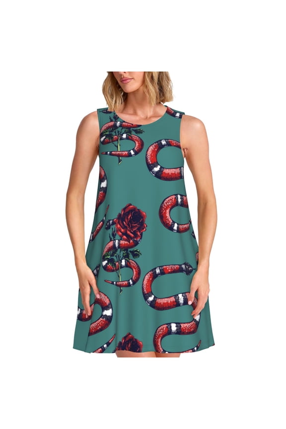 Snake And Rose Print Women’s Sleeveless Midi Swing Dress – A-Line Pleated Tank Sundress, Comfortable and Flowy T-Shirt Dress