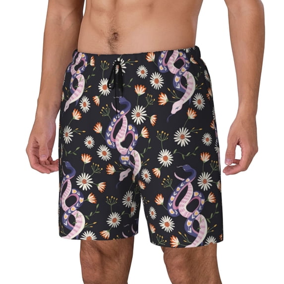 Picia Snake And Floral1 pattern Mens Swim Trunks with Compression Liner Stretch Beach Shorts Quick Dry with Zipper Pockets No-Chafing Board Shorts-Small