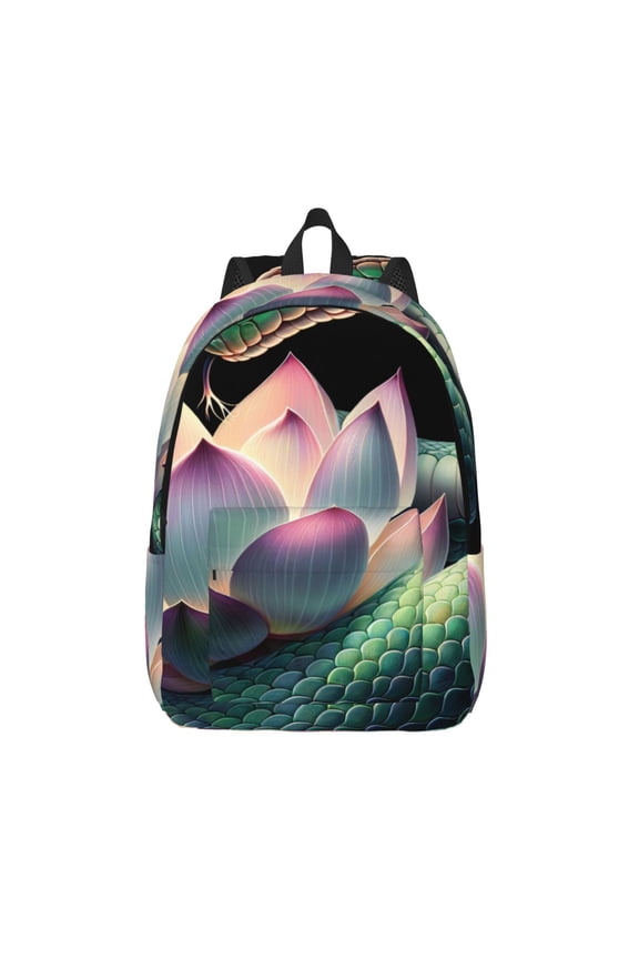 Snake Holding A Lotus Printed Canvas Daypack - Stylish and Durable Vintage Compact Backpack - Class, Work, Travel, or Laptop Bookbag,Organized Compartments-Medium