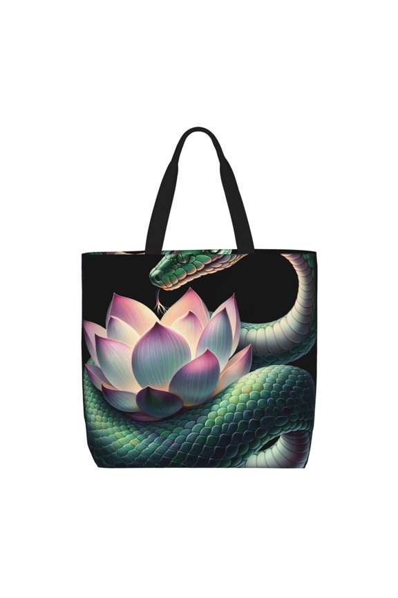 Snake Holding A Lotus for Tote Bag for Women with Zipper, Gym Tote with Compartments, Laptop Work Tote Nurse Dance Yoga Bag for Sport, Travel