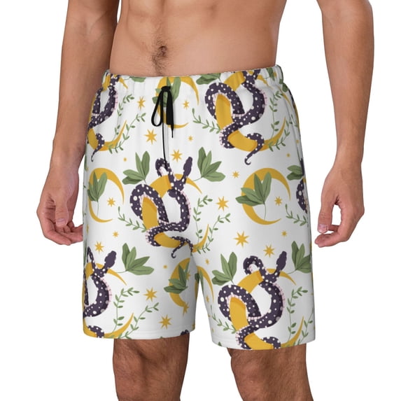 Picia Snake And Moon pattern Mens Swim Trunks with Compression Liner Stretch Beach Shorts Quick Dry with Zipper Pockets No-Chafing Board Shorts-X-Large