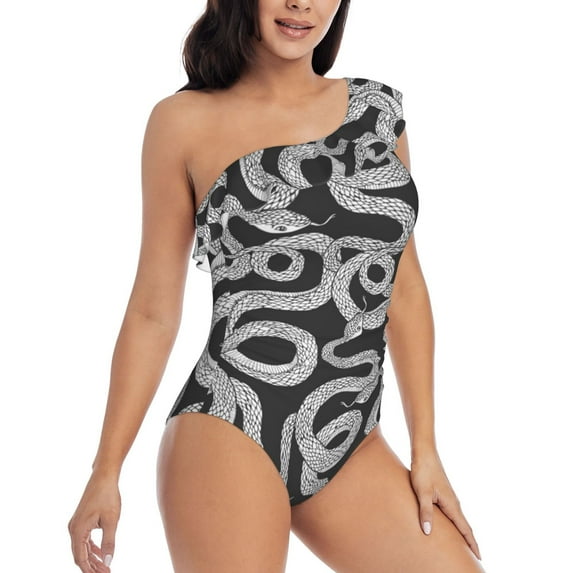 Picia Snake Pattern Women's One Piece Swimsuits,One Shoulder Swimwear Asymmetric ,Ruffle Monokinis Bathing Suits,High Waisted Flattering Bathing Suits-XX-Large