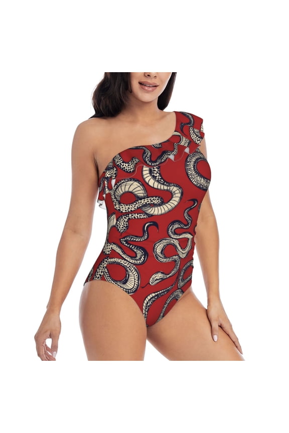 Snake Pattern Women's One Piece Swimsuits,One Shoulder Swimwear Asymmetric ,Ruffle Monokinis Bathing Suits,High Waisted Flattering Bathing Suits-Small