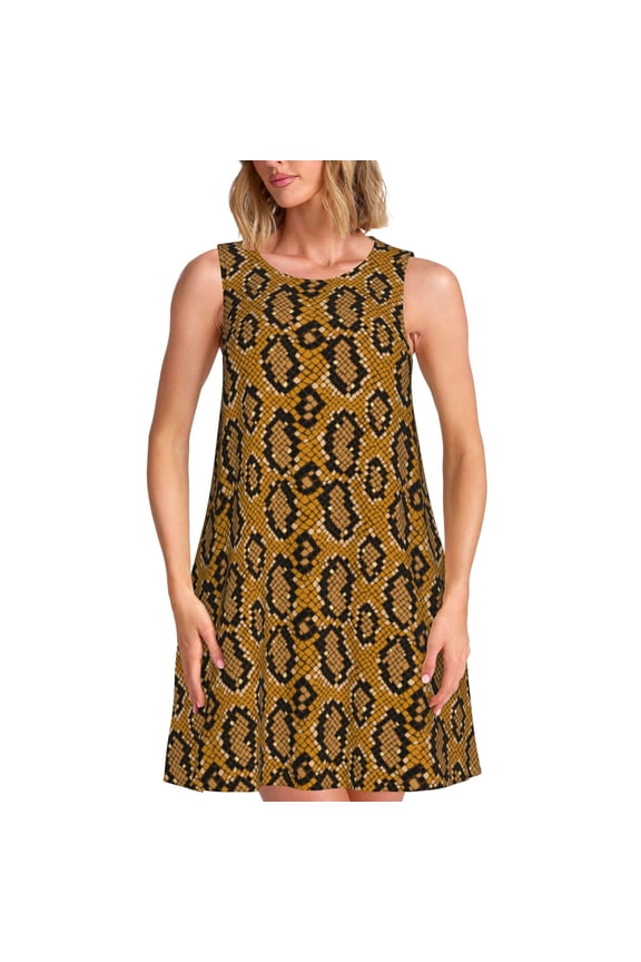 Snake Skin Print Women’s Sleeveless Midi Swing Dress – A-Line Pleated Tank Sundress, Comfortable and Flowy T-Shirt Dress
