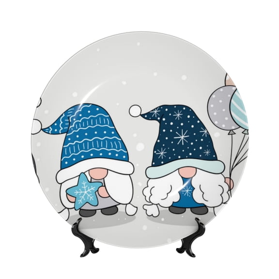 Picia Snow Gnome for Winter Pattern Bone China Decorative Plate – Wall Decor with Stand and Adhesive, Elegant Ornament for Living Room, Office, or Entryway-8in