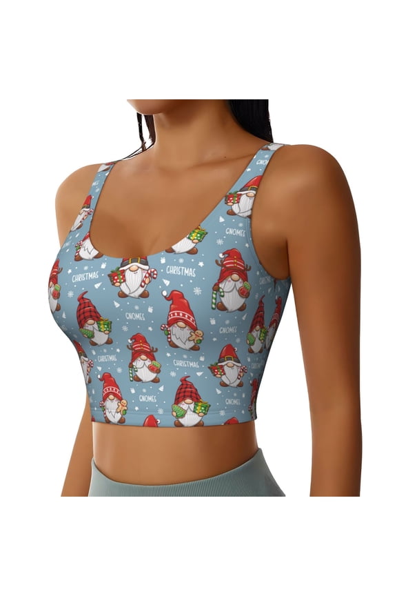 Snowflake Christmas gnome Sports Bra for Women,Padded Strappy Sports Bras Medium Support Yoga Bra with Removable Cups,Running Yoga Bra-X-Large