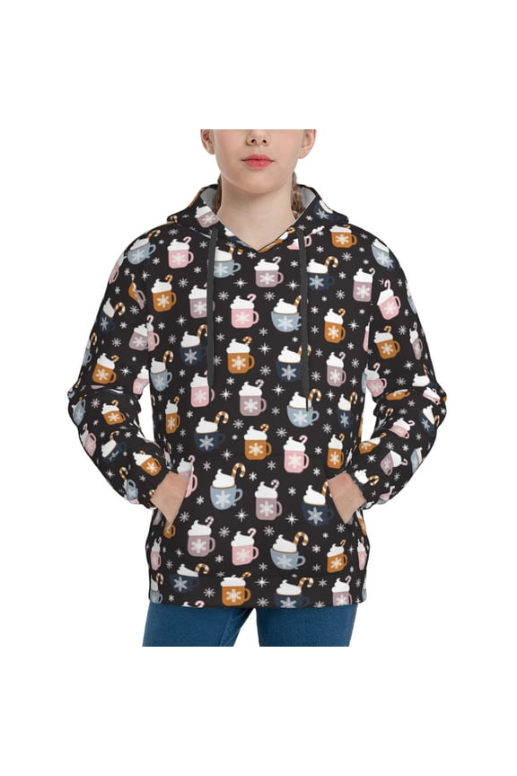 Snowflake Cream Hot Cocoa Pattern Youth Hoodie - Warm Pullover Sweatshirt with Kangaroo Pocket, Ideal for Boys and Girls-Medium