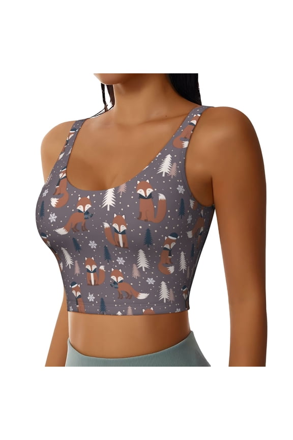 Snowflake Fox Sports Bra for Women,Padded Strappy Sports Bras Medium Support Yoga Bra with Removable Cups,Running Yoga Bra-X-Large