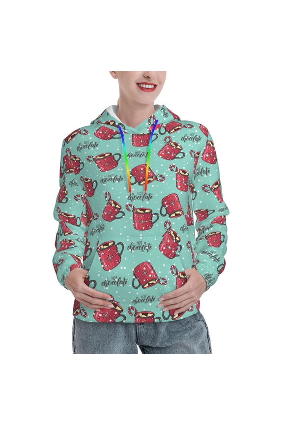 Snowflake Hot Cocoa Pattern Casual Women's Hoodie, Hooded Sweatshirt with Kangaroo Pocket, Comfortable Pullover with Eye-catching Drawstrings-Medium
