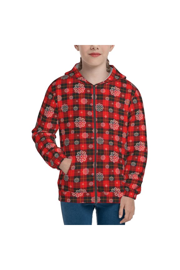 Snowflakes On A Buffalo Plaid for Boys Fashion Full-zip Hoodies & Sweatshirts with Kangaroo Pocket,Zip-up Hooded Sweatshirt for Kid, Moisture Wicking & Breathable-Small