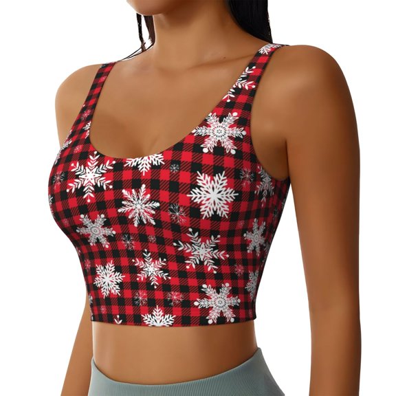Picia Snowflakes On A Buffalo Plaid Christmas Sports Bra for Women,Padded Strappy Sports Bras Medium Support Yoga Bra with Removable Cups,Running Yoga Bra-Medium