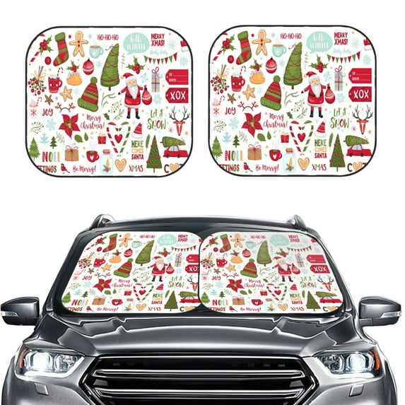 Picia Snowflakes Santa Claus Christmas Tree 2 Piece Car Windshield Sun Shade Foldable | Foldable Sun Shield for Front Window Blocks UV Rays and Keeps Your Vehicle Cool-