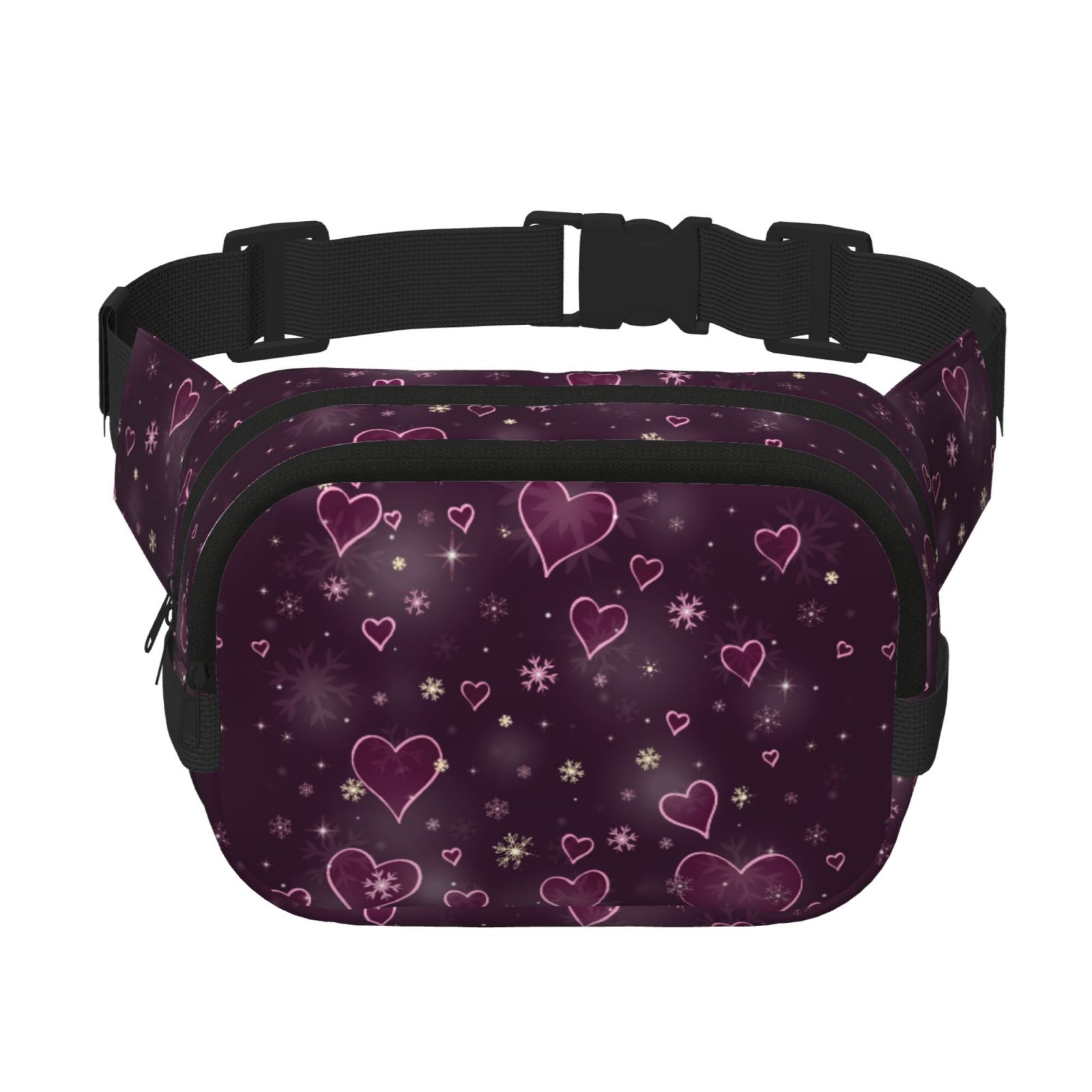 Picia Snowflakes and Hearts Print Square Double-Layer Waist Bag Mini Adjustable Waist Belt Bag Exercise Running Travel Hiking