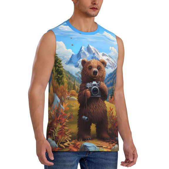 Picia Snowy Mountain Photography Bear mens Cotton Tank Undershirts , Moisture-wicking Ribbed Tanks, Lightweight Cotton Tank Undershirts-Large