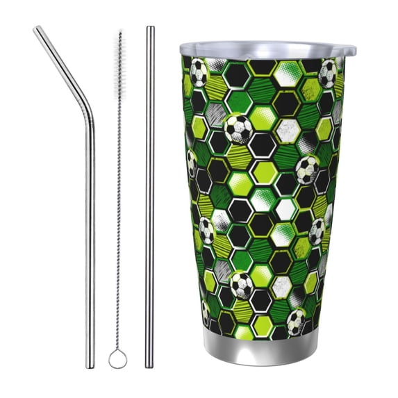 Picia Soccer1 Pattern 20 oz Tumbler Stainless Steel Vacuum Insulated Coffee Ice Cup Double Wall Travel Flask Dual Lid Water Bottle, Eco-friendly Car Cup-Straw Three-piece Set