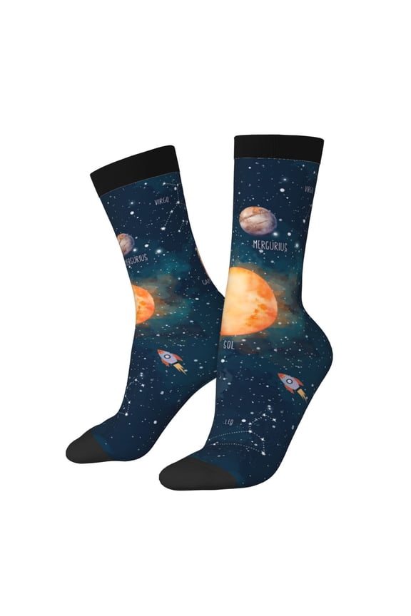 Solar System And Planets Print Athletic Socks for Men & Women – Cushioned Moisture-Wicking Crew Socks for Sports, Running, and Training, Soft & Breathable Size 5-11