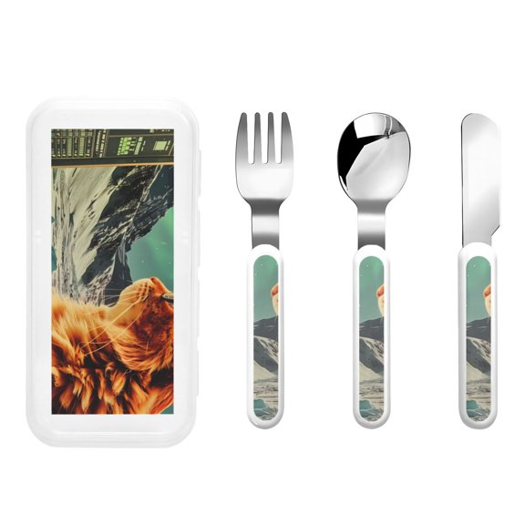 Picia Space Adventurer Cat Print Children's Knife, Fork And Spoon Set - Kids Knife Fork Spoon - Stainless Steel Kids Silverware Set - Metal Kids Cutlery Set
