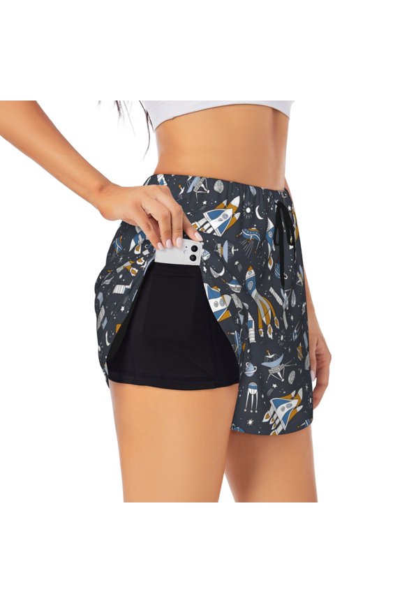 Space Cars Pattern Women's 2 in 1 Athletic Running Shorts High Waisted Workout Casual Gym Sweat Shorts with Comfy Liner Zipper Pockets-Large