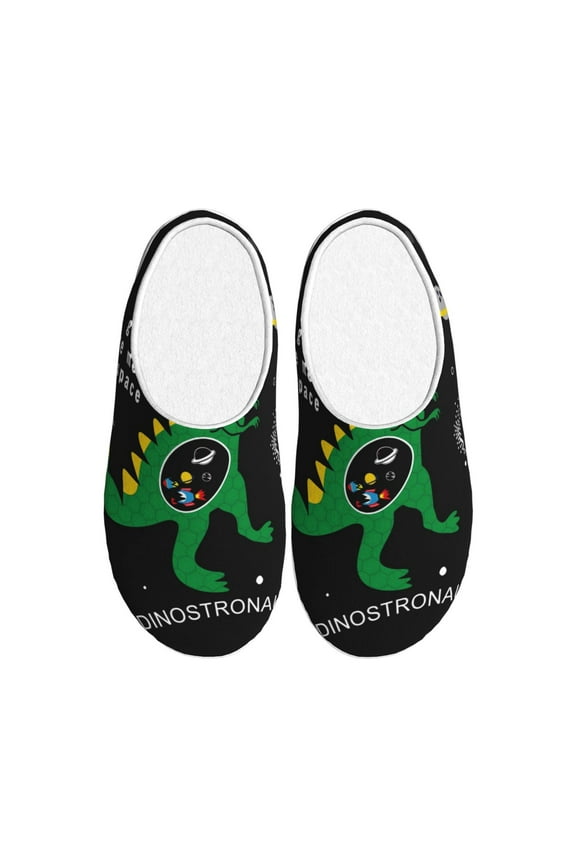 Space Dino Cartoon Black for Women's Lamb-hug Comfy Fleece House Slippers Memory Foam, Slip-on House Shoes Indoor Outdoor-44/45