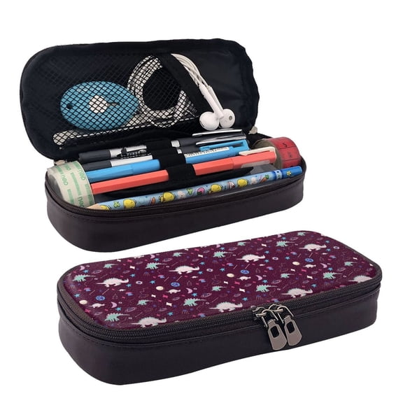Picia Space Dinosaur Pattern Large Capacity PU Leather Pencil Case Organizer Pen Marker Holder Double Zipper Storage Bag Big Pencil Pouch for College Office