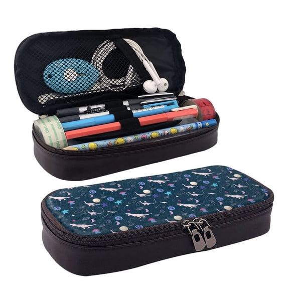 Picia Space Dinosaur Pattern Large Capacity PU Leather Pencil Case Organizer Pen Marker Holder Double Zipper Storage Bag Big Pencil Pouch for College Office