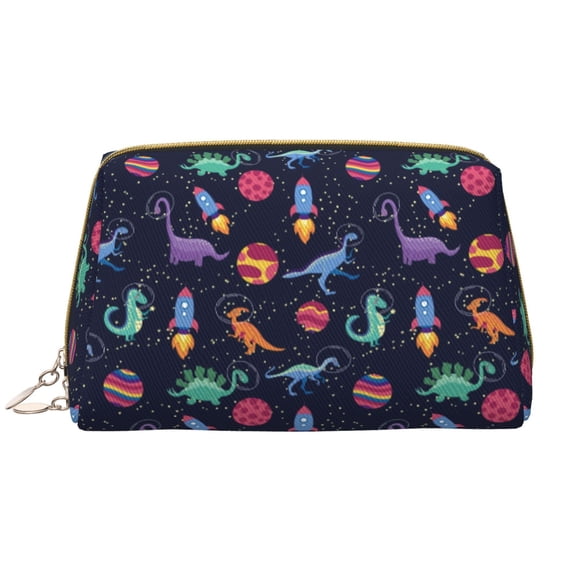 Picia Space Dinosaur Print Leather Makeup Bag Make Up Bag Travel Toiletry Bag for Her Girlfriend Teacher Teen Girl Gifts