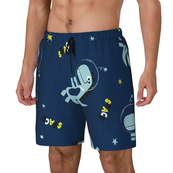 Picia Space Dinosaur pattern Mens Swim Trunks with Compression Liner Stretch Beach Shorts Quick Dry with Zipper Pockets No-Chafing Board Shorts-3X-Large