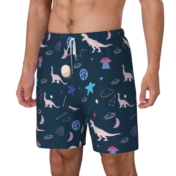 Picia Space Dinosaur pattern Mens Swim Trunks with Compression Liner Stretch Beach Shorts Quick Dry with Zipper Pockets No-Chafing Board Shorts-Small