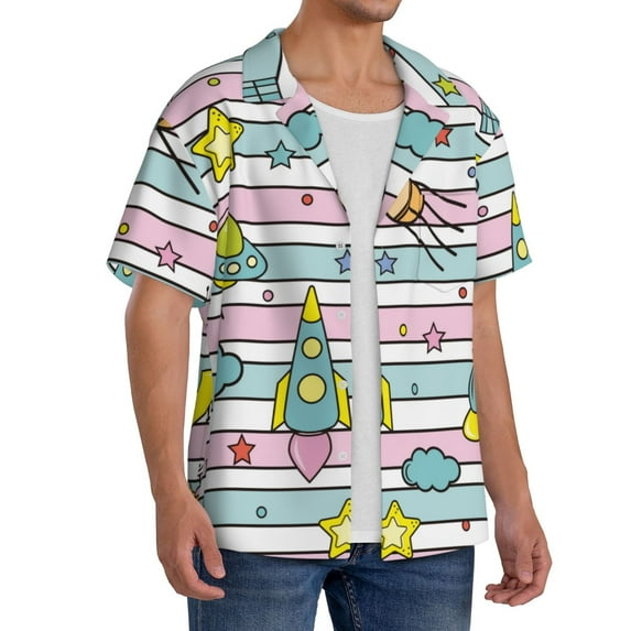 Picia Space Doodle Men's Linen Shirts Short Sleeve Cuban Beach Shirts Casual Shirts Button Down Shirt for Men Beach Summer Wedding Shirt-Large