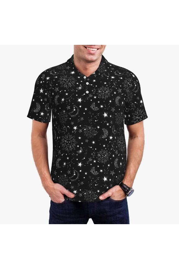 Space Galaxy Print Men's Polo Shirt, Two-Button Closure Pique Polo Shirt, Summer Fashion Golf Shirt-X-Large