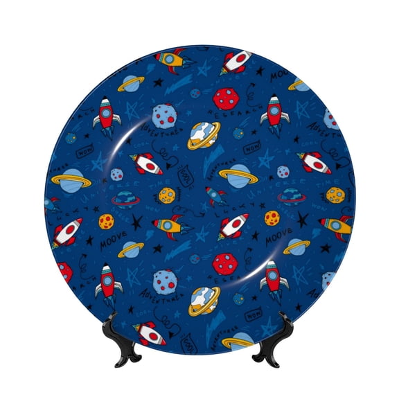 Picia Space Pattern Bone China Decorative Plate – Wall Decor with Stand and Adhesive, Elegant Ornament for Living Room, Office, or Entryway-7in