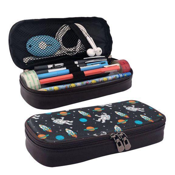 Picia Space Pattern Large Capacity PU Leather Pencil Case Organizer Pen Marker Holder Double Zipper Storage Bag Big Pencil Pouch for College Office