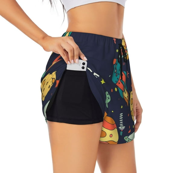 Picia Space Pattern Women's 2 in 1 Athletic Running Shorts High Waisted Workout Casual Gym Sweat Shorts with Comfy Liner Zipper Pockets-Small