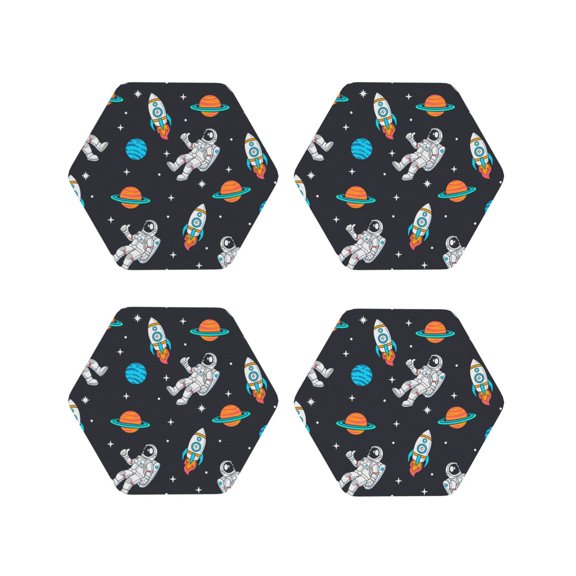 Picia Space Printed Leather Coasters for Drinks, 4" Drink Coasters Set of 4 for Tabletop Protection, Handmade Luxurious Home Décor and Housewarming Gift -Hexagon