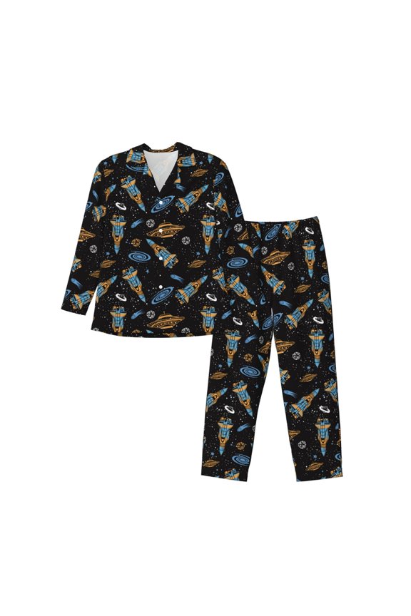 Space Rocket Pattern Men’s Long-Sleeve Sleepwear Set - Soft 2-Piece Loungewear with Pockets, Comfy PJs for Relaxing Nights-Large