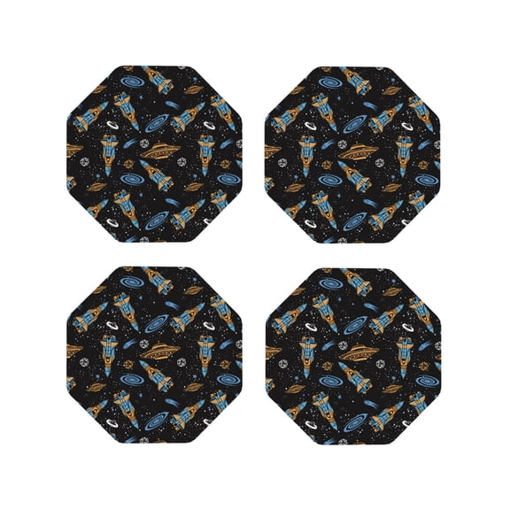 Picia Space Rocket Printed Leather Coasters for Drinks, 4" Drink Coasters Set of 4 for Tabletop Protection, Handmade Luxurious Home Décor and Housewarming Gift -Octagon