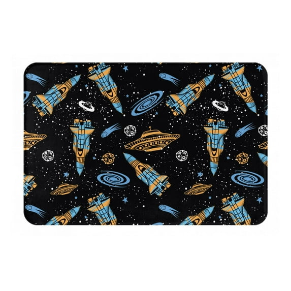 Picia Space Rockets Pattern Flannel Doormat – 16x24 Inch Non-Slip Indoor Mat, Absorbent & Quick-Dry Rug for Entryway, Bathroom, Kitchen, and Bedroom, Machine Washable